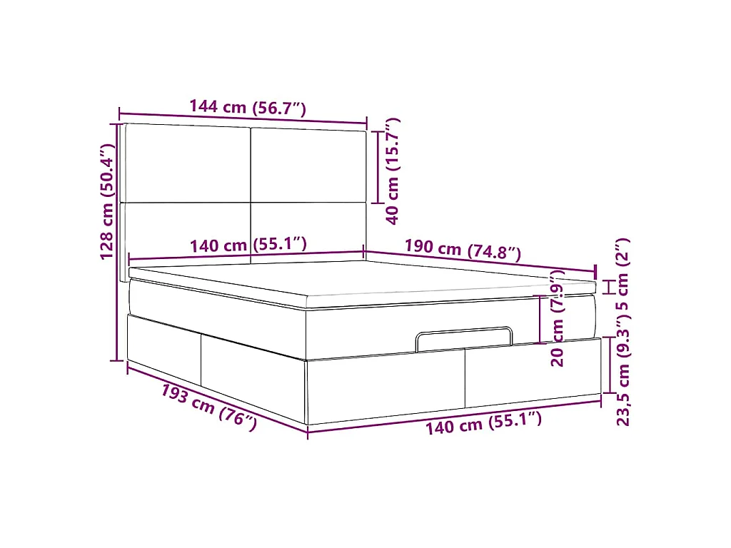 Estrutura de cama otomana com colchão 140x190 cm cinzento claro