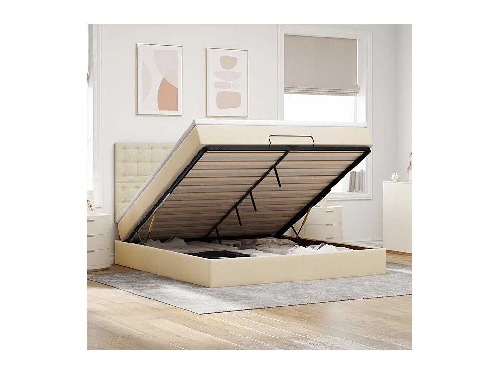 Cadre de lit ottoman avec matelas crème 160x200 cm tissu