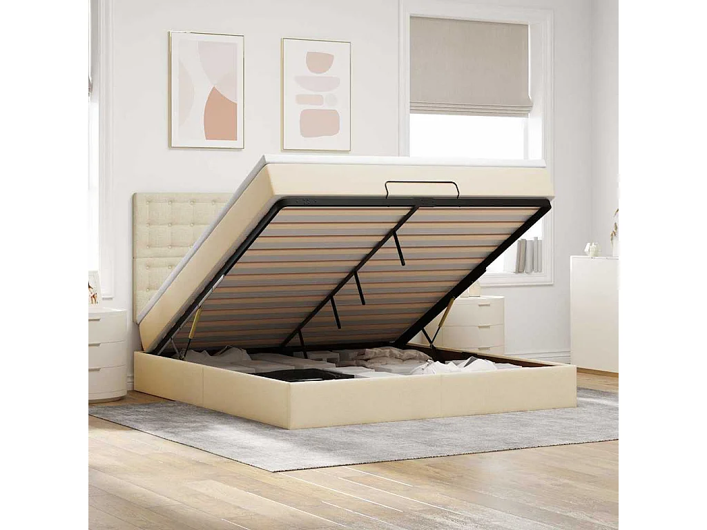 Estrutura de cama otomana com colchão tecido creme 160x200cm