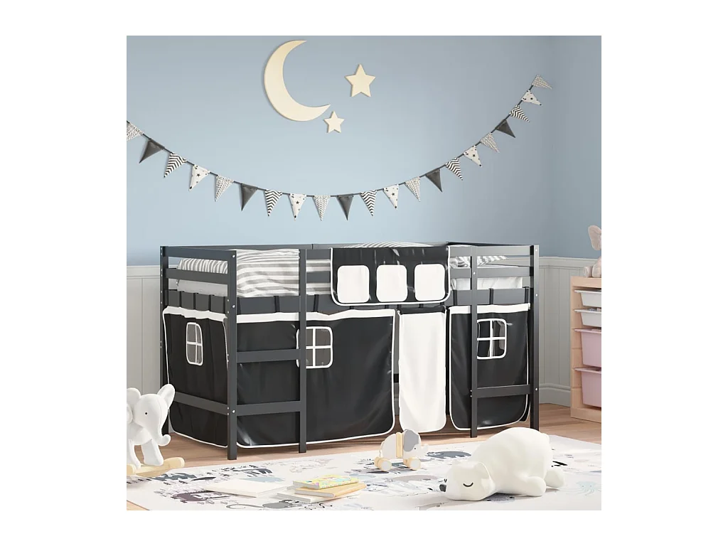 Letto a Soppalco con Tende Bambini Bianco e Nero 90x200 cm Pino