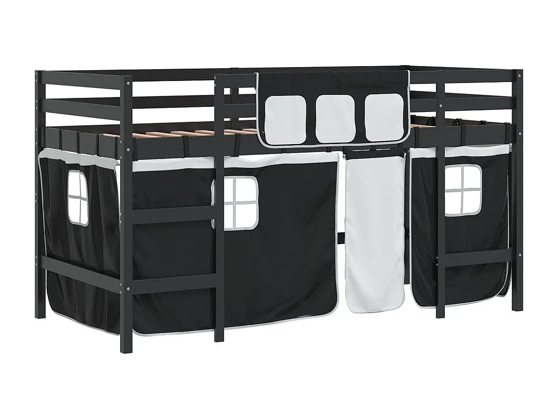 Letto a Soppalco con Tende Bambini Bianco e Nero 90x200 cm Pino