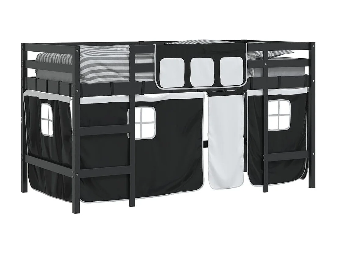 Letto a Soppalco con Tende Bambini Bianco e Nero 90x200 cm Pino