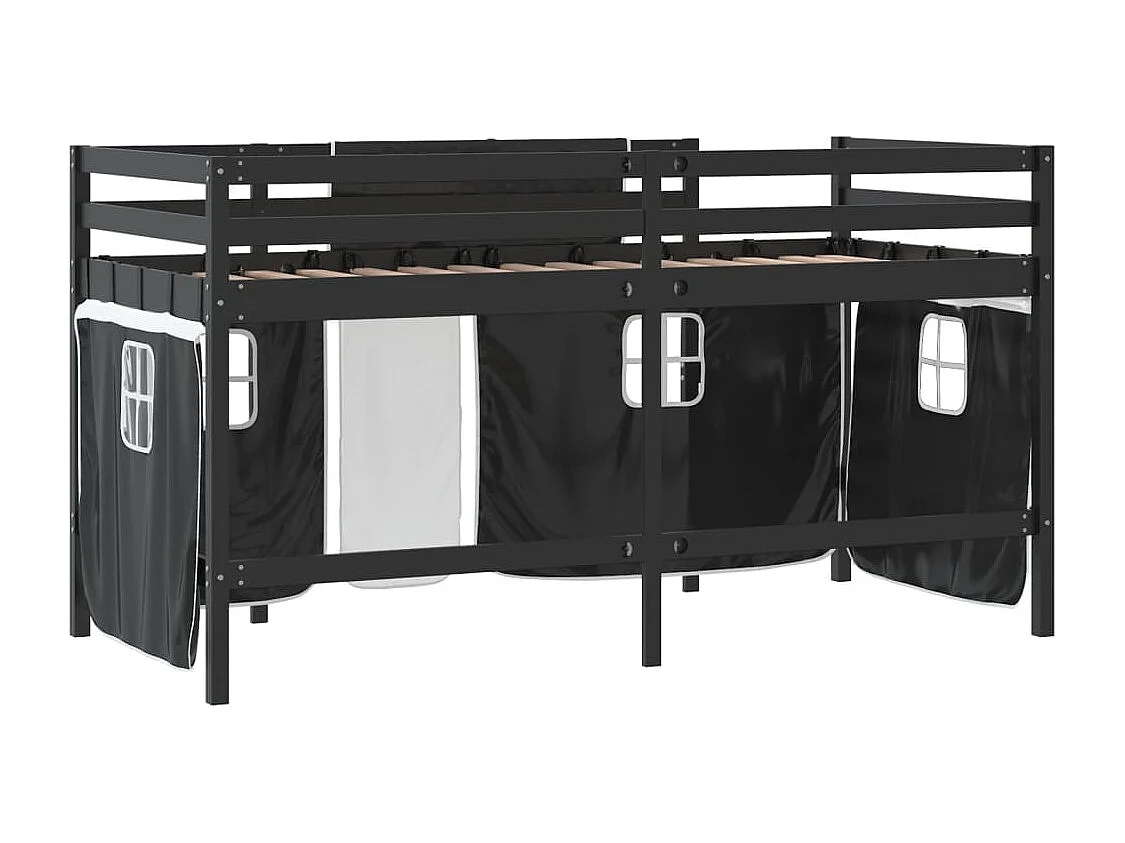 Letto a Soppalco con Tende Bambini Bianco e Nero 90x200 cm Pino