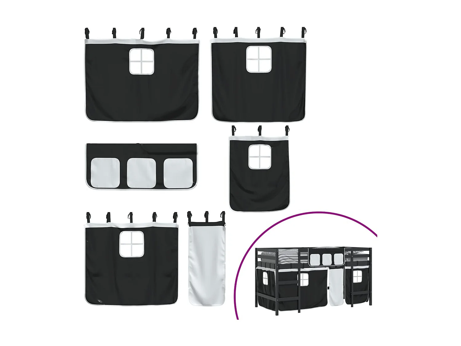 Letto a Soppalco con Tende Bambini Bianco e Nero 90x200 cm Pino