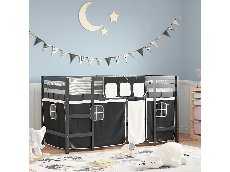 Cama alta criança c/ cortina 90x200cm pinho maciço branco/preto