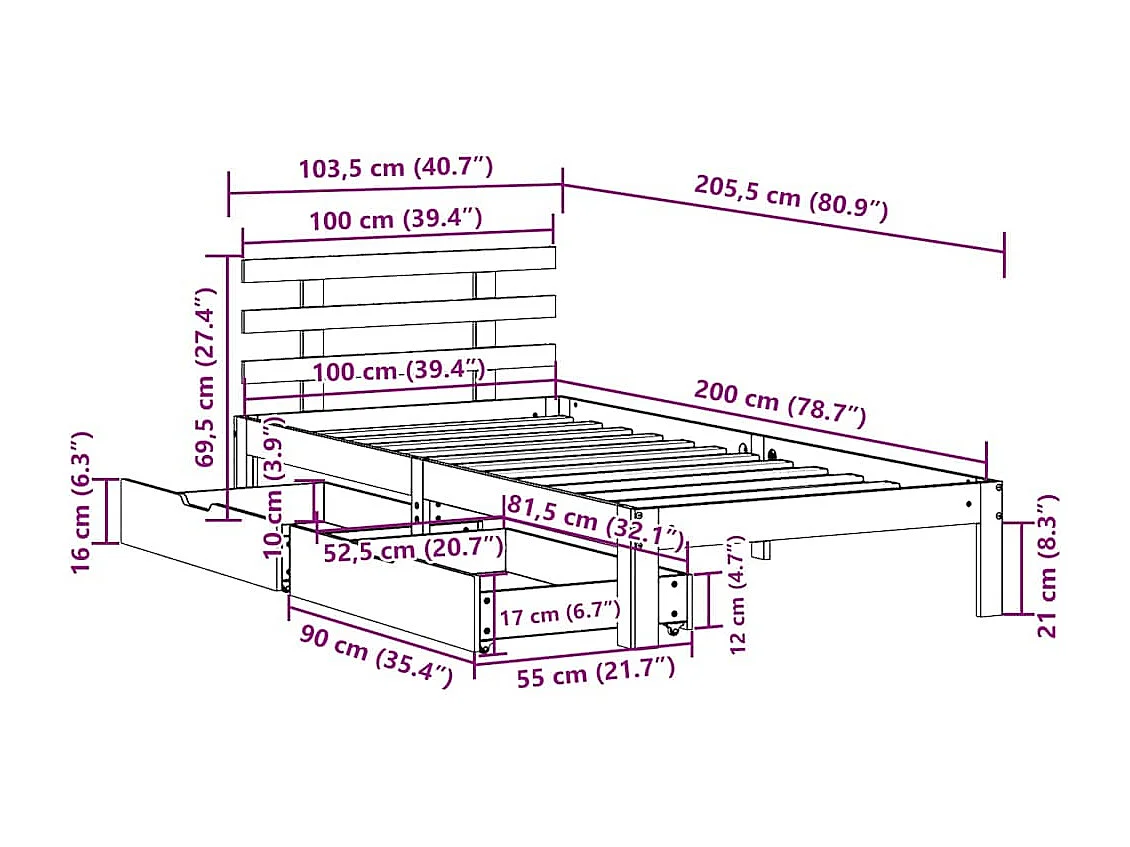 Cadre de lit avec tiroirs sans matelas 100x200 cm