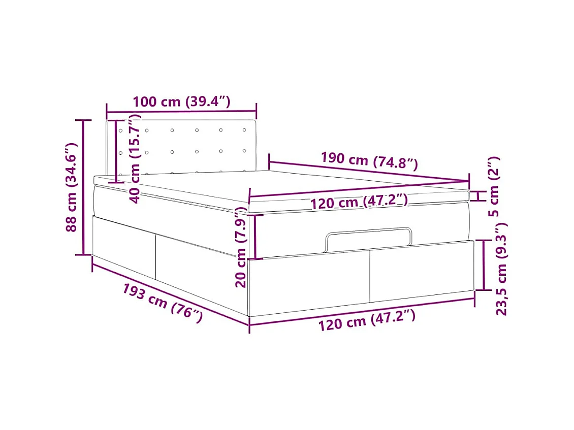 Ottomane Bett mit Matratze & LEDs Dunkelgrau 120x190 cm Samt
