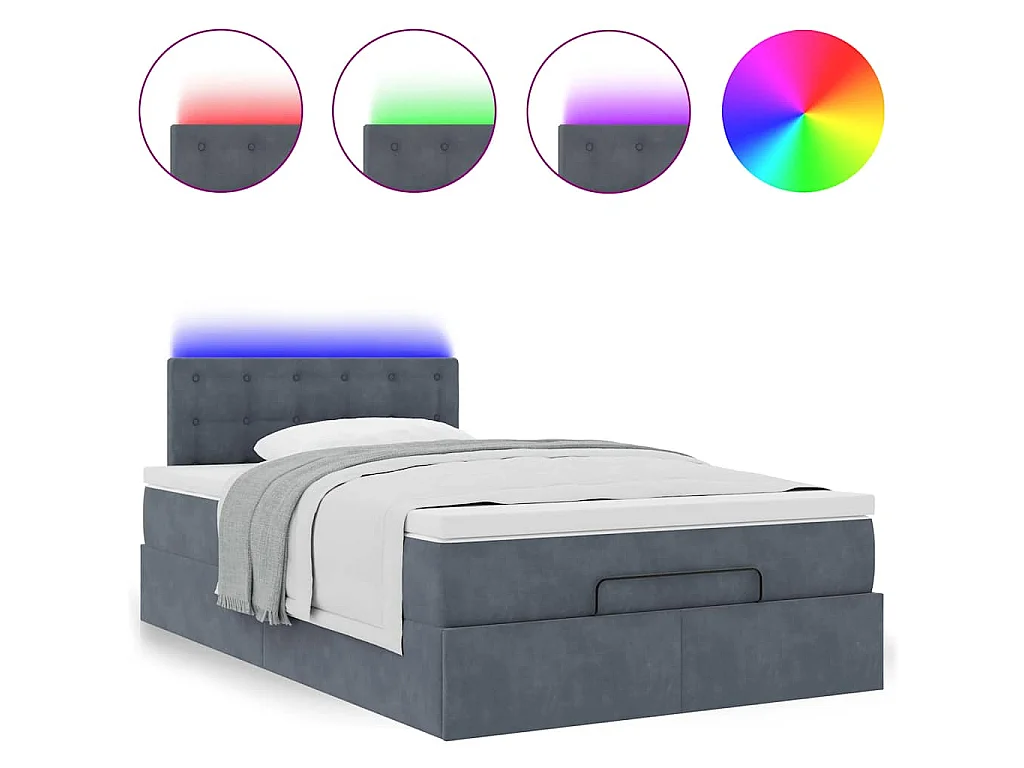 Cama otomana con colchón y LED terciopelo gris oscuro 120x190cm