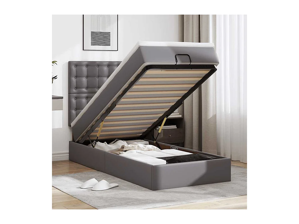 Lit ottoman avec matelas gris 90x200 cm similicuir