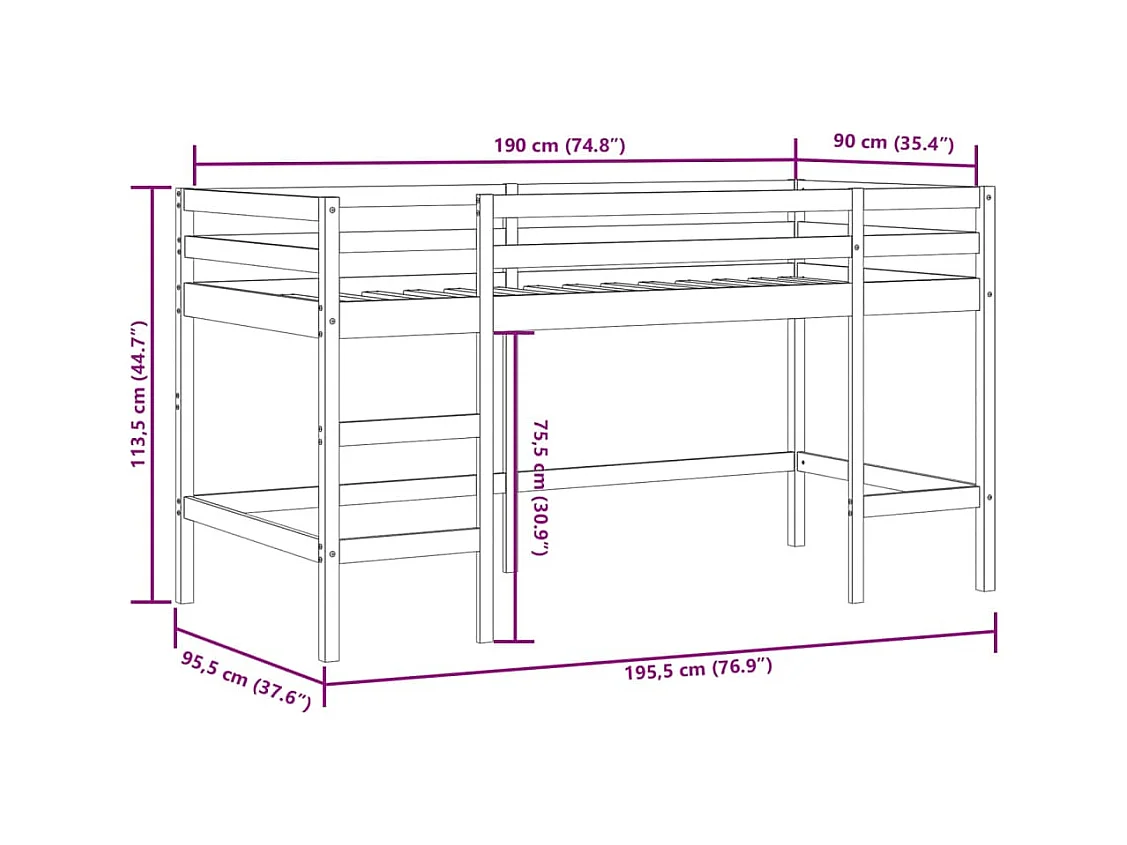 Lit mezzanine enfants avec rideaux sans matelas bleu 90x190 cm