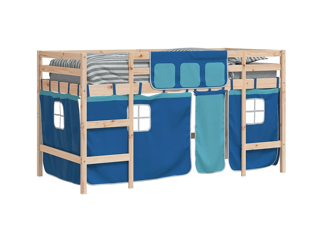 Lit mezzanine enfants avec rideaux sans matelas bleu 90x190 cm