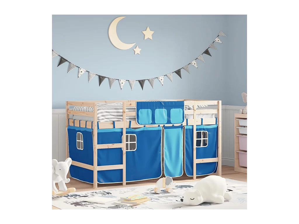 Lit mezzanine enfants avec rideaux sans matelas bleu 90x190 cm
