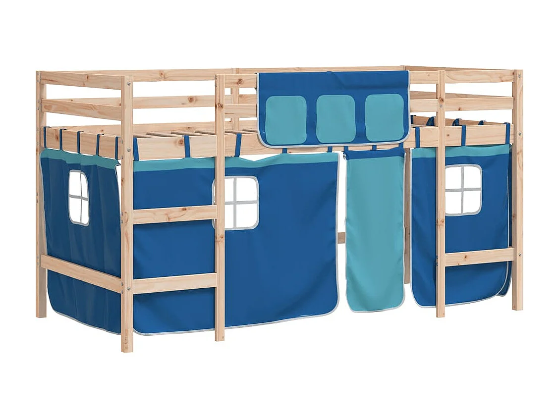 Lit mezzanine enfants avec rideaux sans matelas bleu 90x190 cm
