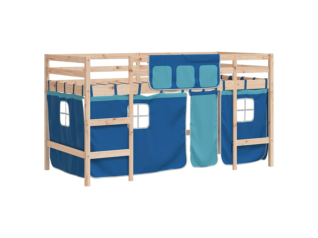 Lit mezzanine enfants avec rideaux sans matelas bleu 90x190 cm