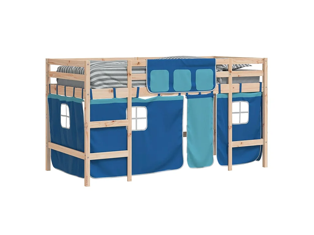 Lit mezzanine enfants avec rideaux sans matelas bleu 90x190 cm