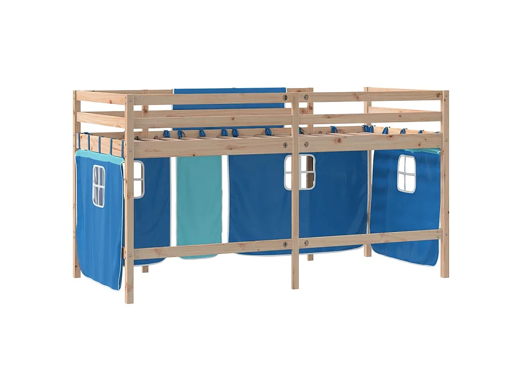 Lit mezzanine enfants avec rideaux sans matelas bleu 90x190 cm