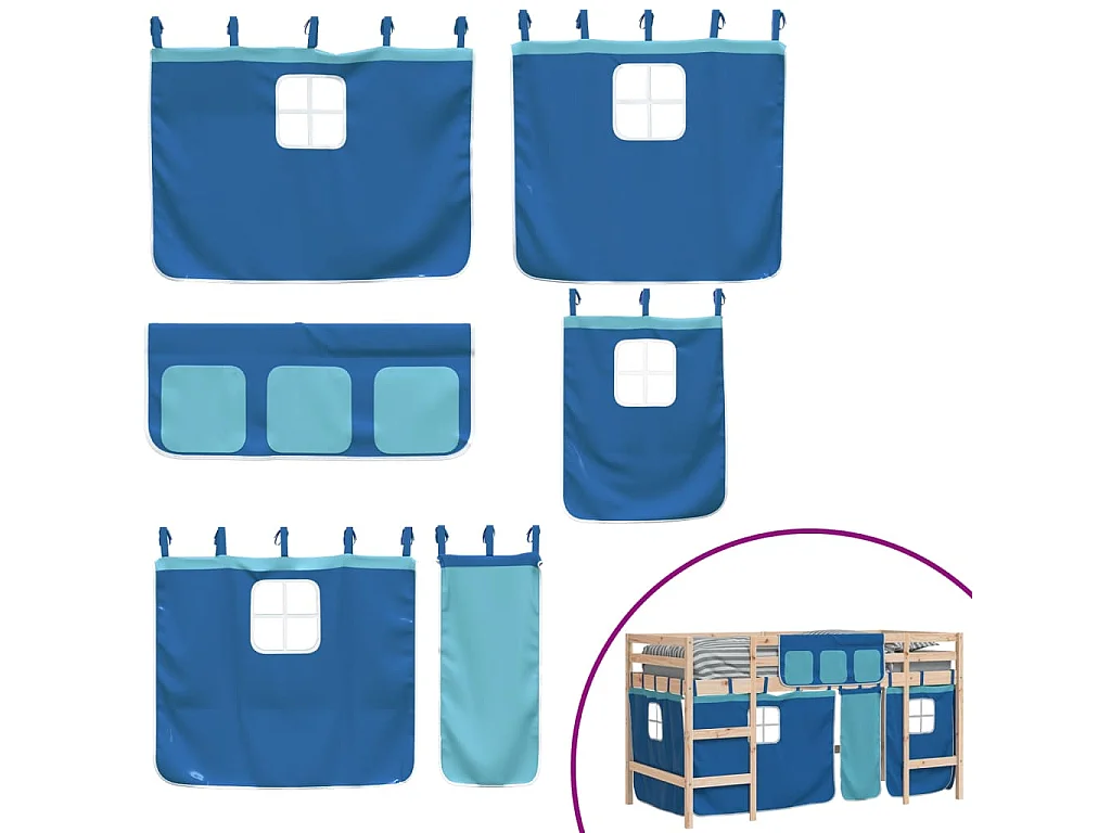 Lit mezzanine enfants avec rideaux sans matelas bleu 90x190 cm