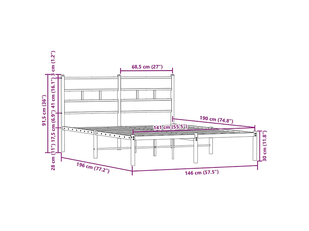 Cadre de lit sans matelas avec tête de lit 140x190 cm