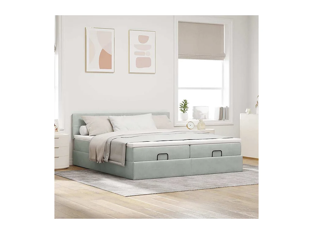 Estrutura cama otomana colchões 180x200cm veludo cinzento claro