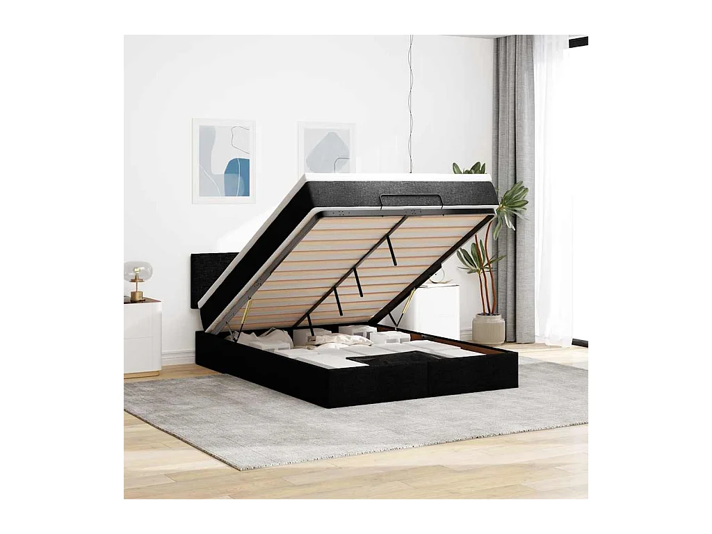 Lit ottoman avec matelas noir 140x200 cm tissu