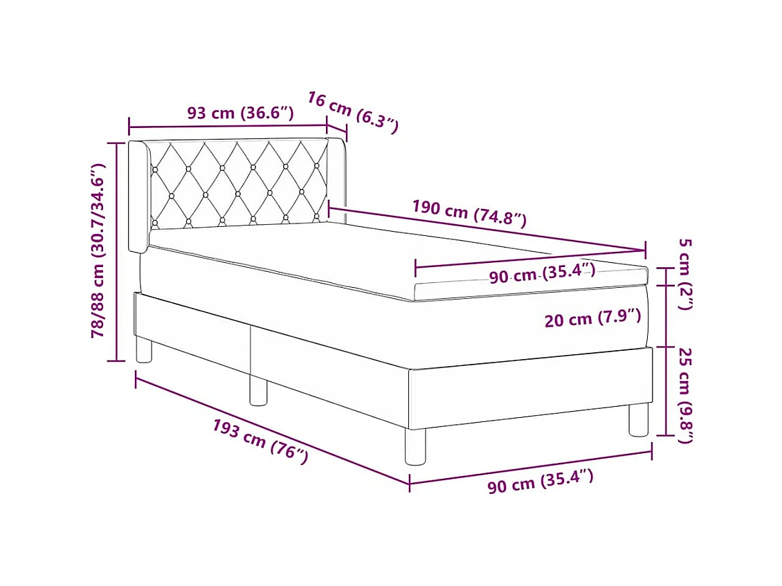 Letto Box Spring con Materasso Nero 100x200 cm in Velluto