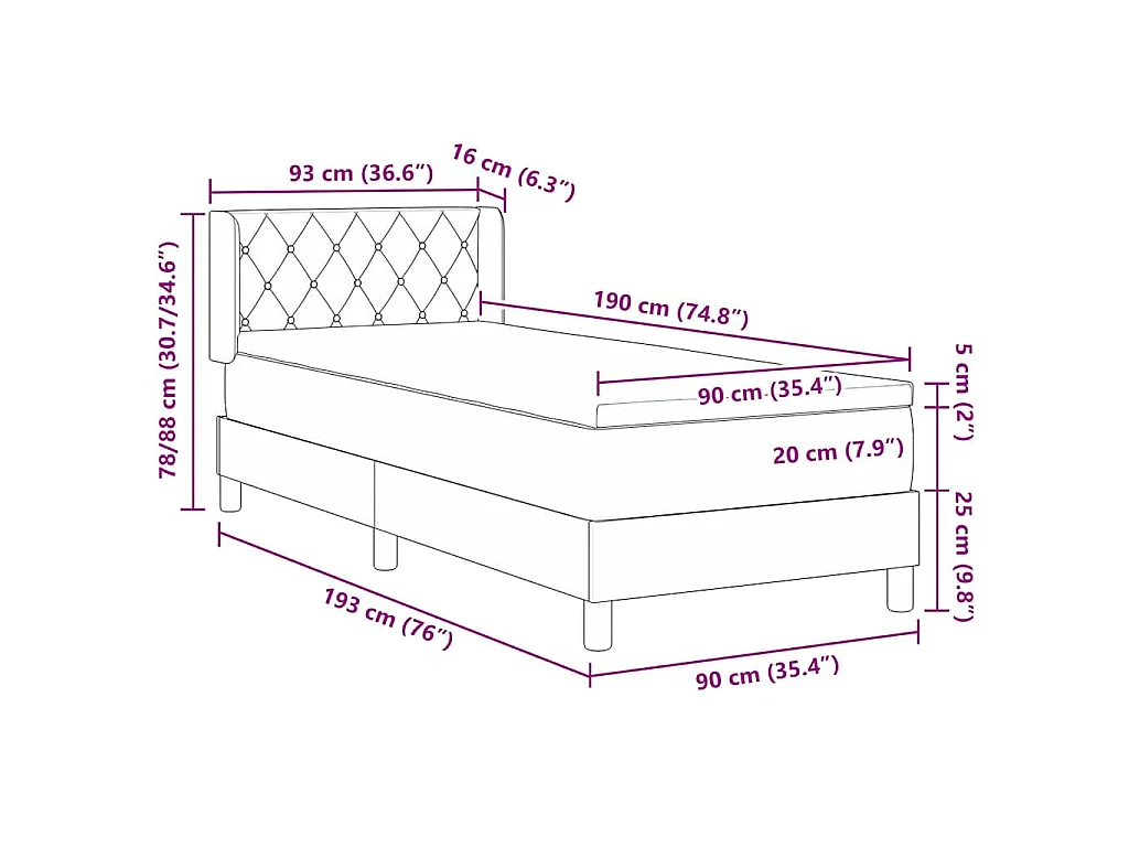 Boxspringbett mit Kopfteil Dunkelgrau 190 x 90 cm Samt