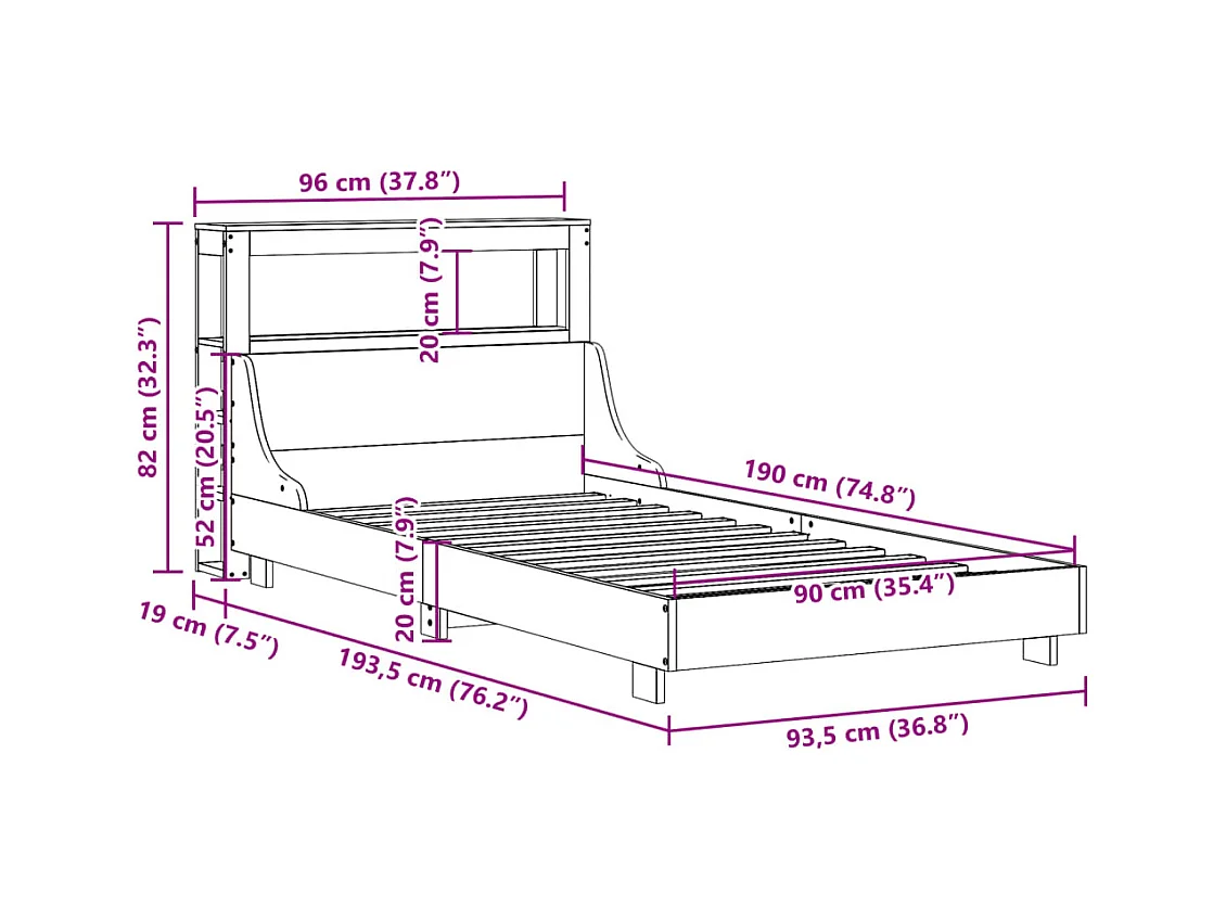Letto senza Materasso Bianco 90x190 cm in Legno Massello Pino