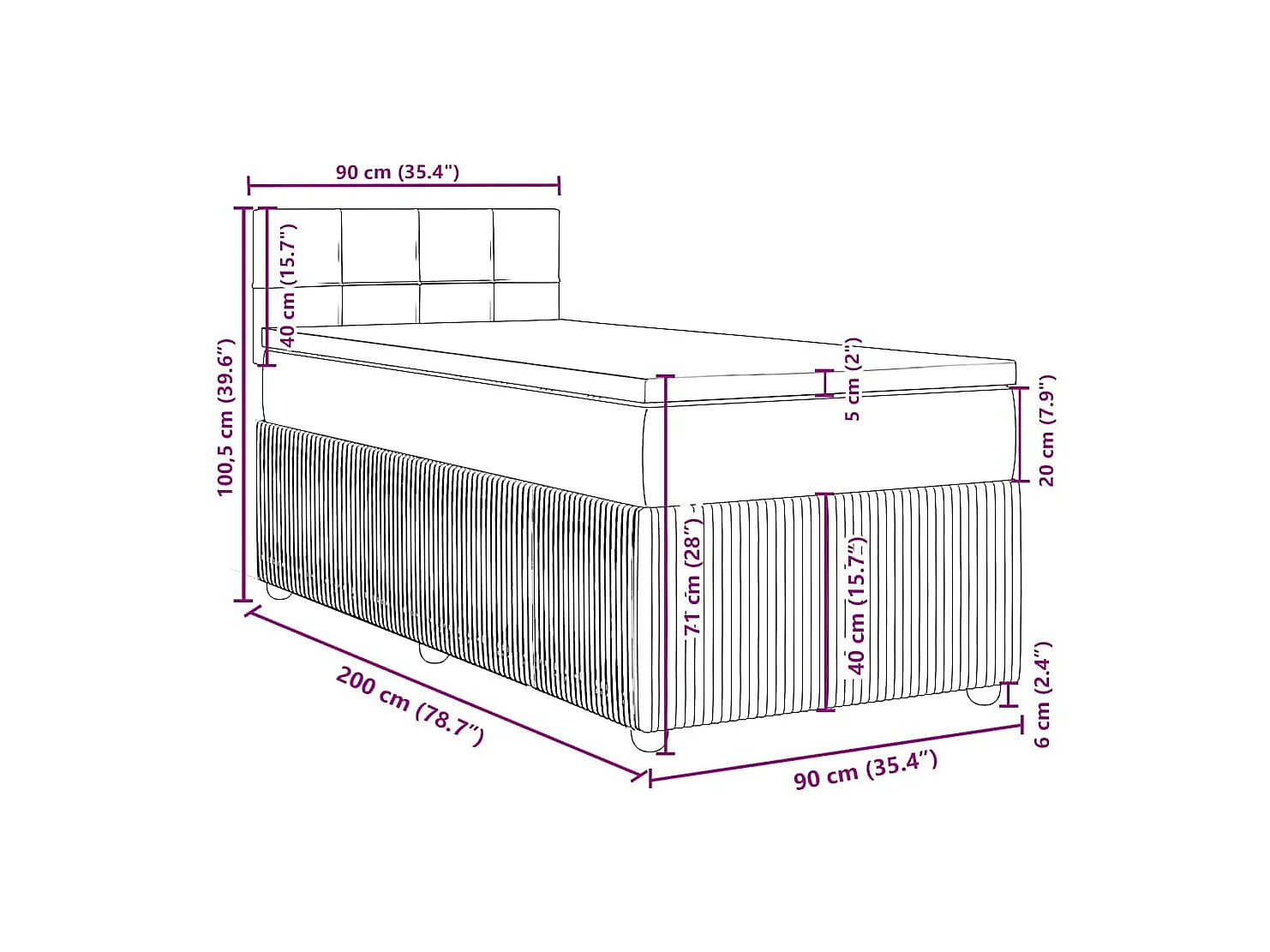 Cama box spring con colchón terciopelo negro 90x200 cm
