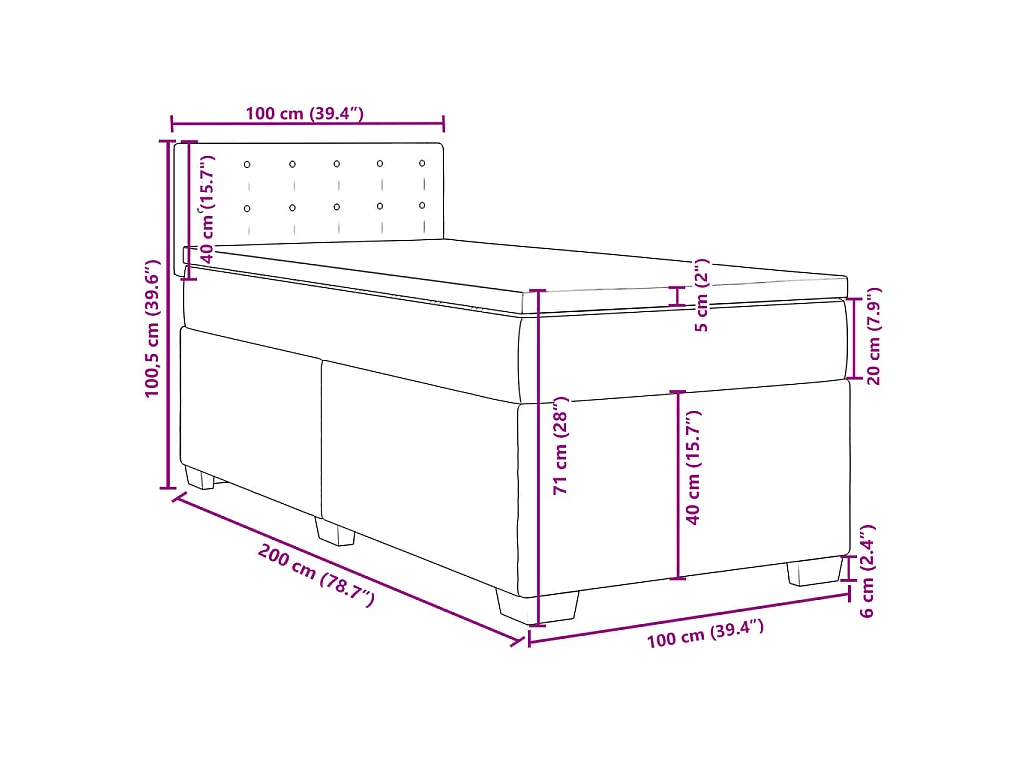 Cama box spring con colchón tela azul 100x200 cm