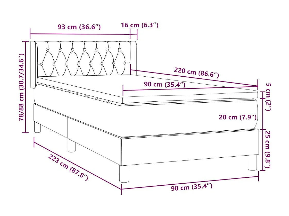 Sommier à lattes de lit et matelas gris clair 90x220 cm velours