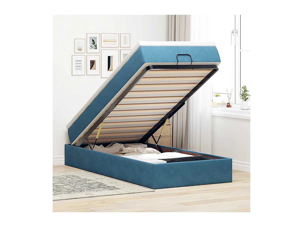 Cadre de lit ottoman avec matelas bleu foncé 90x190 cm velours