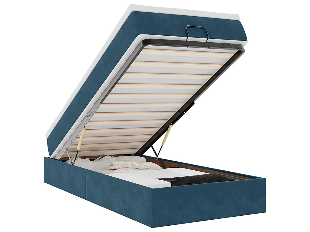Estructura de cama otomana con colchón terciopelo azul oscuro
