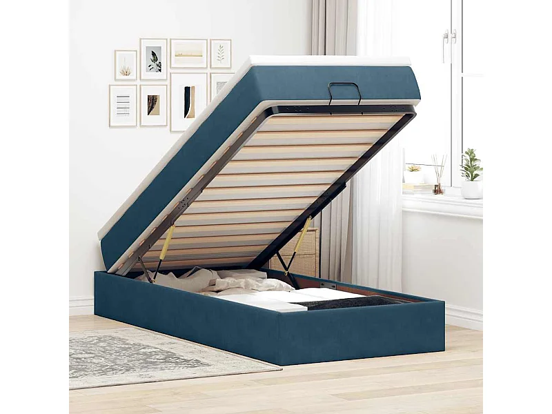 Estrutura cama otomana com colchão azul escuro 90x190cm veludo