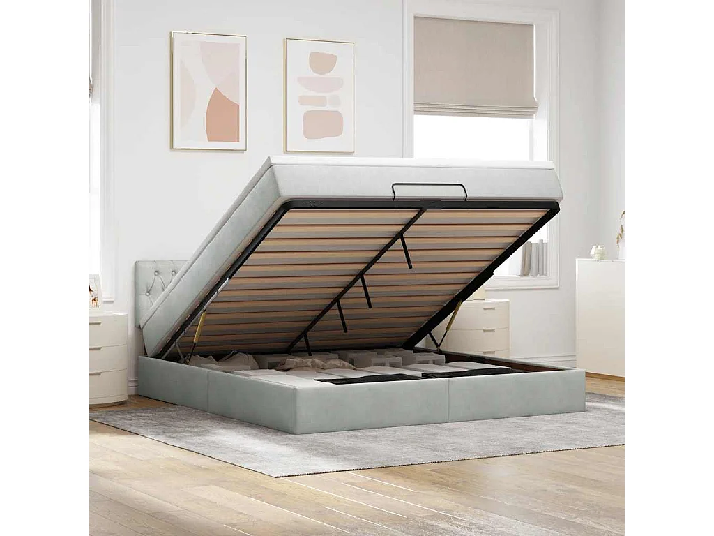Cadre de lit ottoman avec matelas gris clair 160x200 cm velours