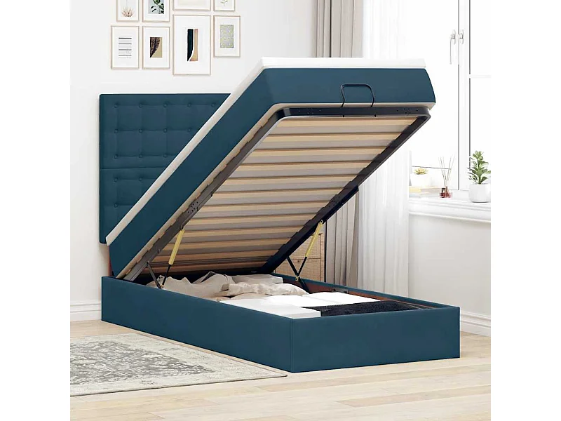 Cadre de lit ottoman avec matelas bleu foncé 90x200 cm velours