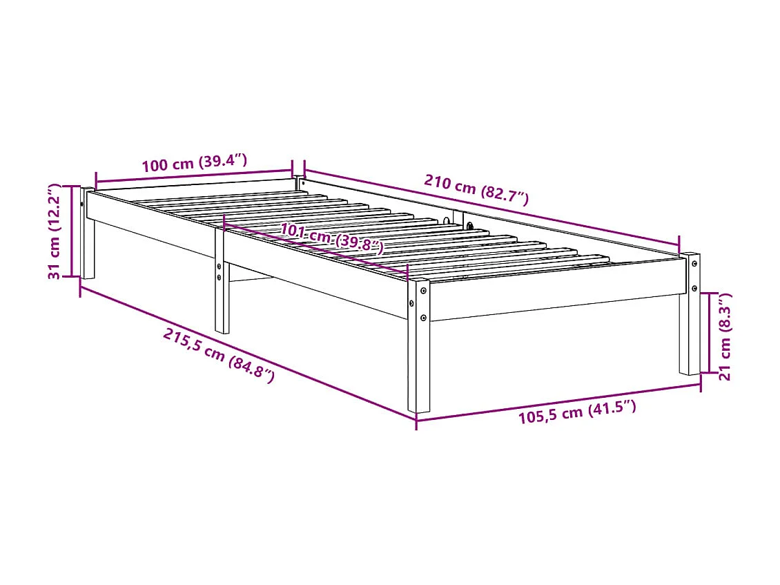 Cadre de lit extra long sans matelas 100x210 cm bois massif pin