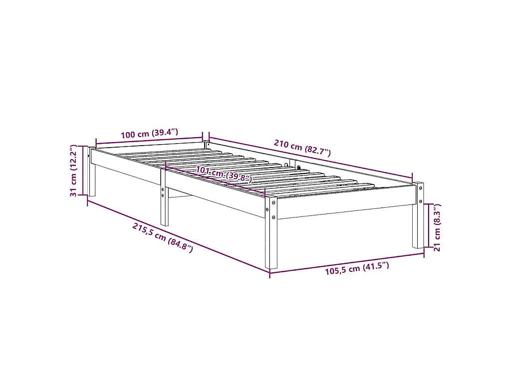 Massivholzbett Extra Lang ohne Matratze Weiß 100x210 Kieferholz