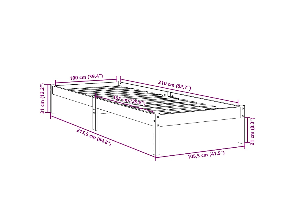 Massivholzbett Extra Lang ohne Matratze Weiß 100x210 Kieferholz