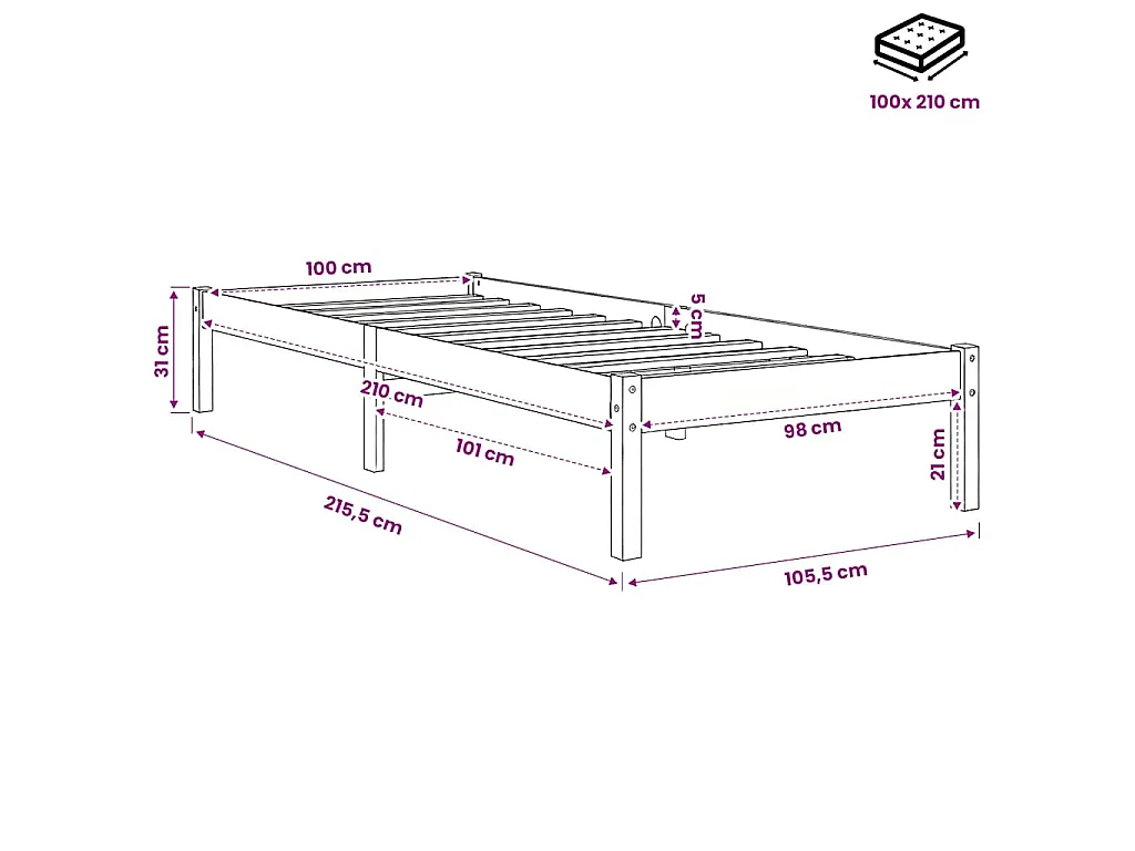 Cadre de lit extra long sans matelas 100x210 cm bois massif pin