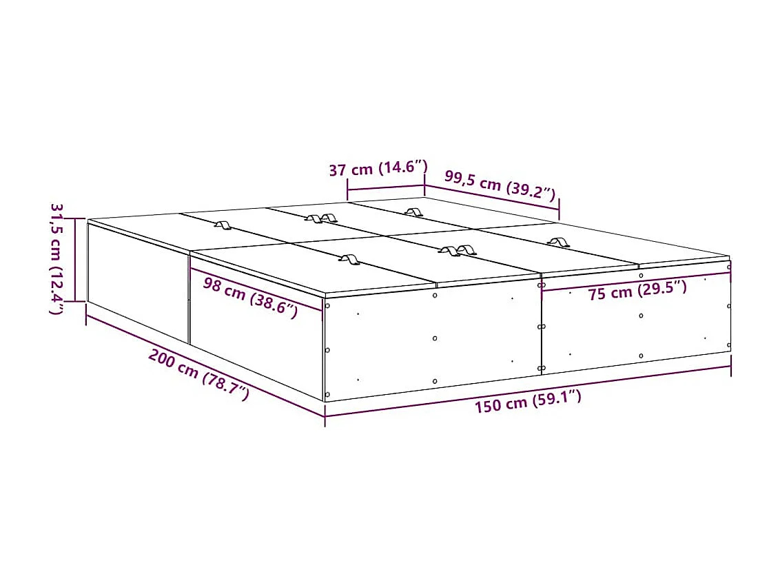 Opbergbedframe met opslag Oud Hout 150 x 200 cm Bewerkt hout