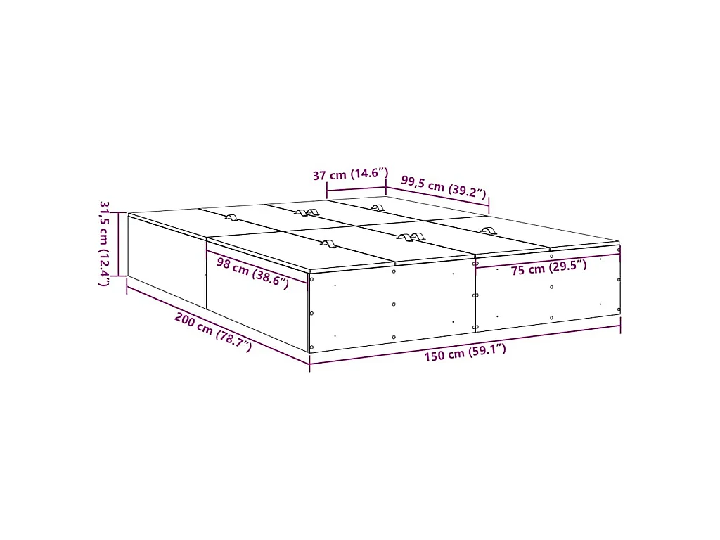 Opbergbedframe met opslag Oud Hout 150 x 200 cm Bewerkt hout