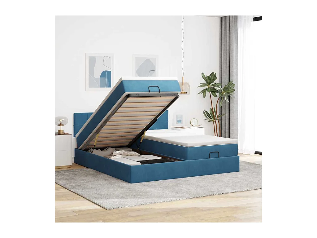 Estrutura de cama otomana com colchão azul escuro veludo