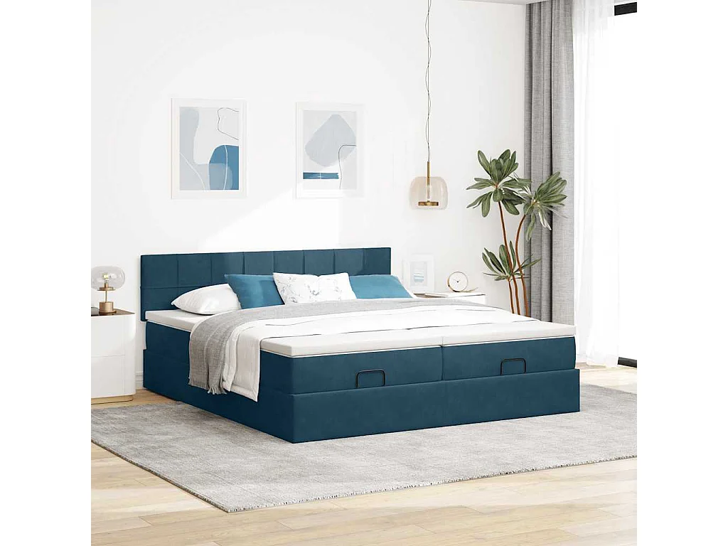 Cadre de lit ottoman avec matelas bleu foncé 160x200 cm velours