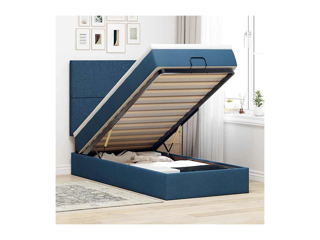 Cadre de lit ottoman avec matelas bleu 90x190 cm tissu