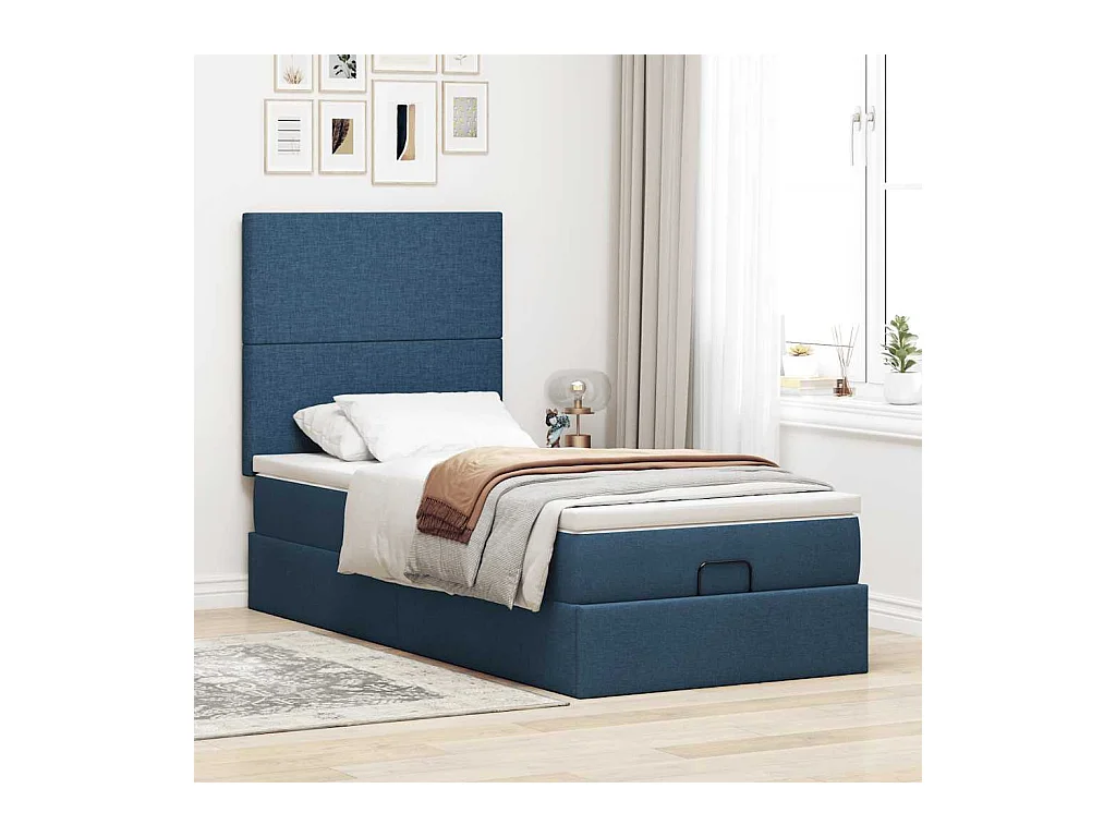 Cadre de lit ottoman avec matelas bleu 90x190 cm tissu
