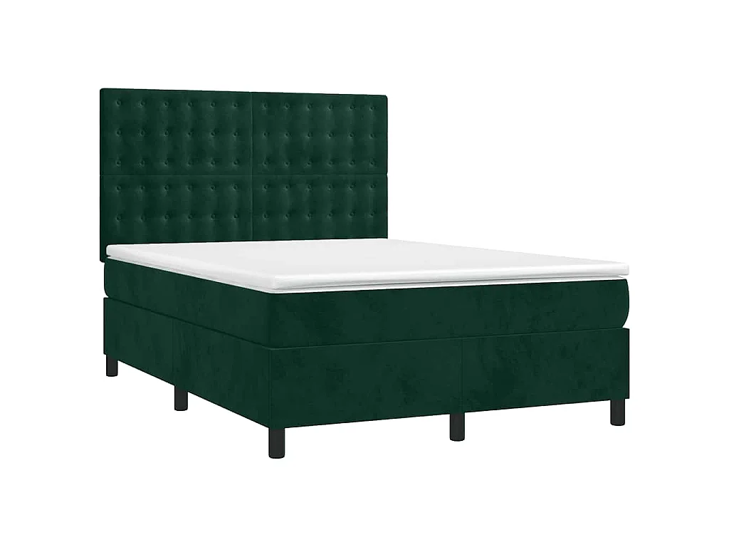 Cama box spring c/ colchão/LED 140x200 cm veludo verde-escuro