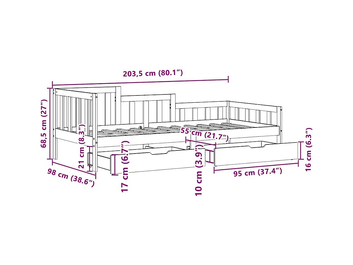 Lit de jour avec tiroirs sans matelas 90x200 cm bois massif