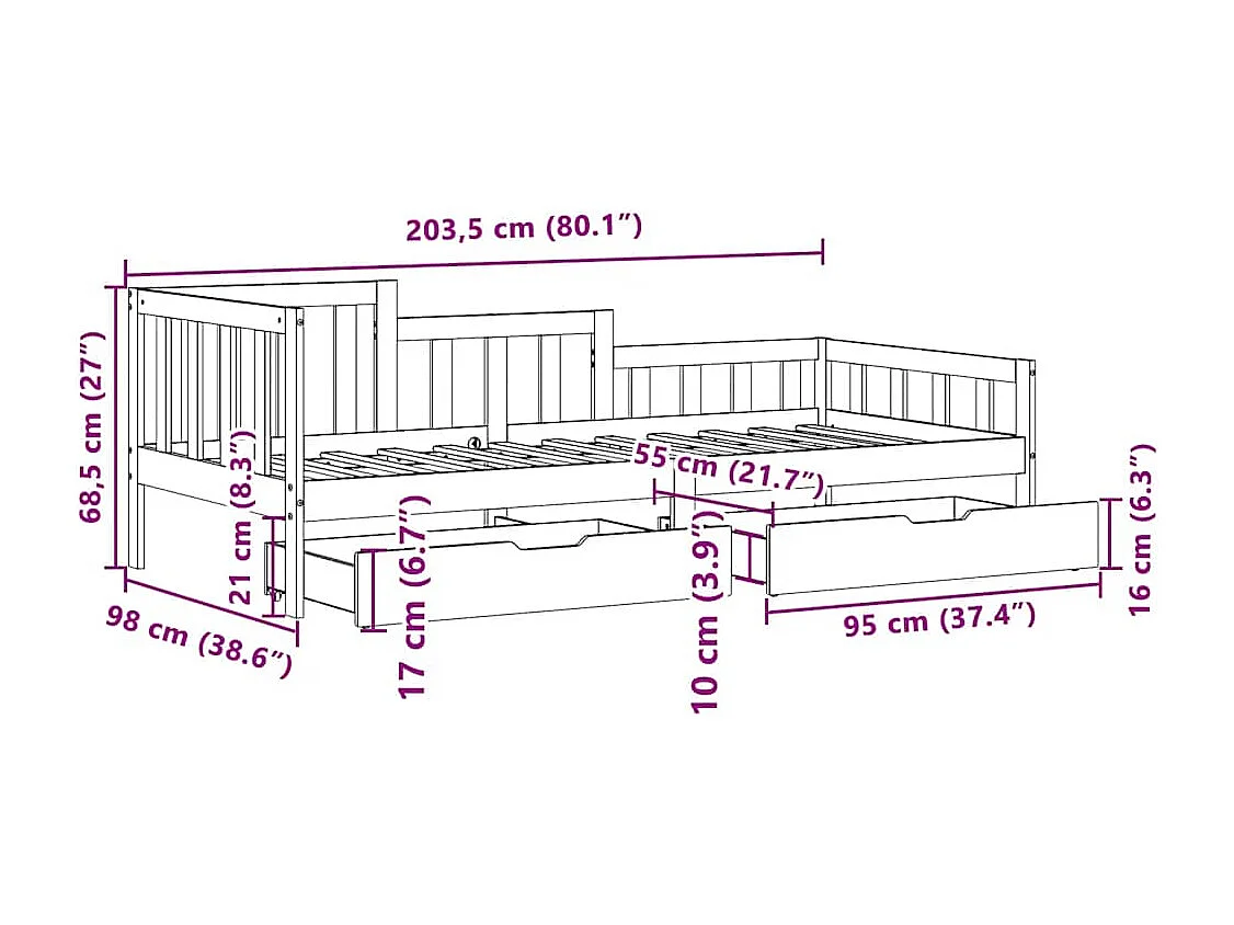 Tagesbett mit Schubladen 90x200 cm Massivholz Kiefer
