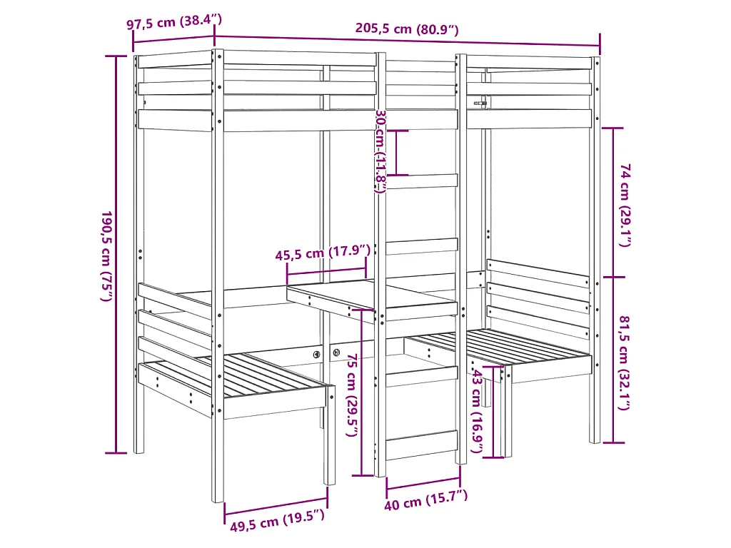 Lit mezzanine avec bureau et chaises blanc 90x200 cm pin massif