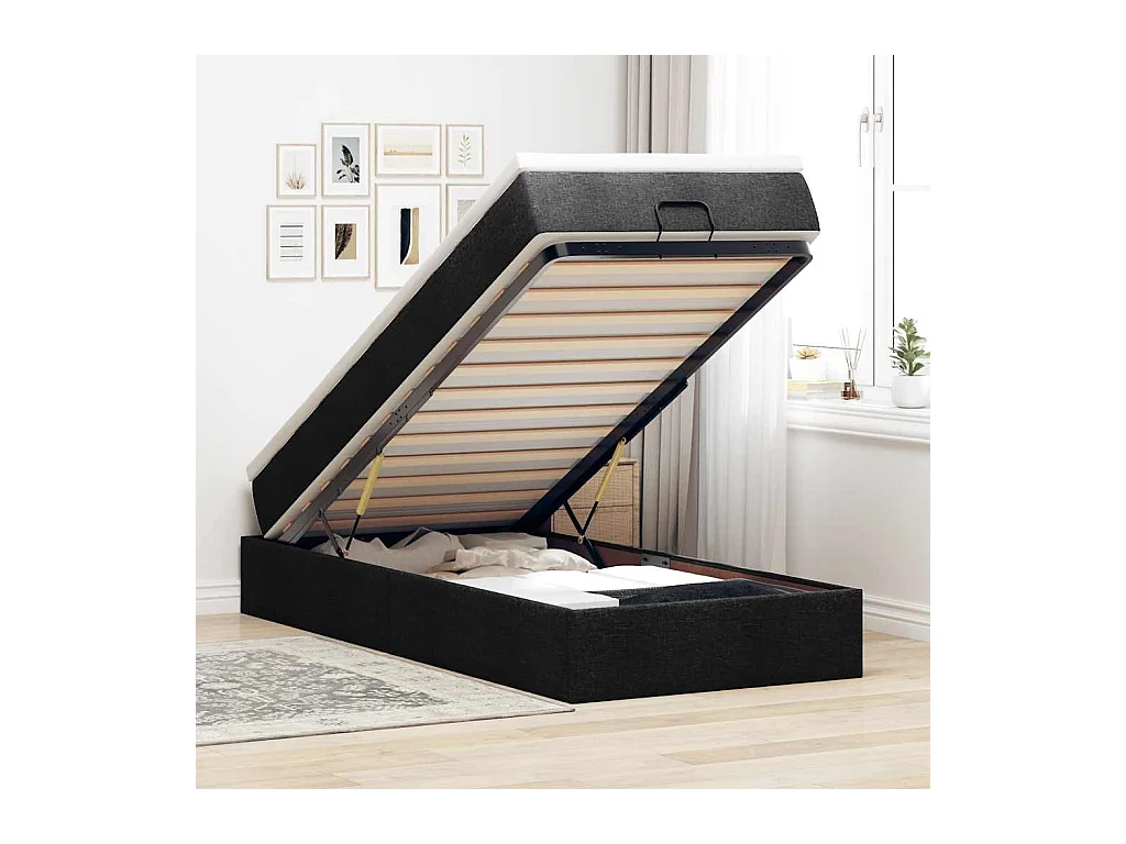 Cadre de lit ottoman avec matelas noir 90x190 cm tissu